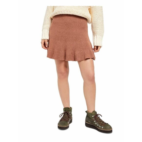 New Free People Large Solid Gold Skirt Cocoa Heather Knit Brown Womens NWT - Picture 1 of 2